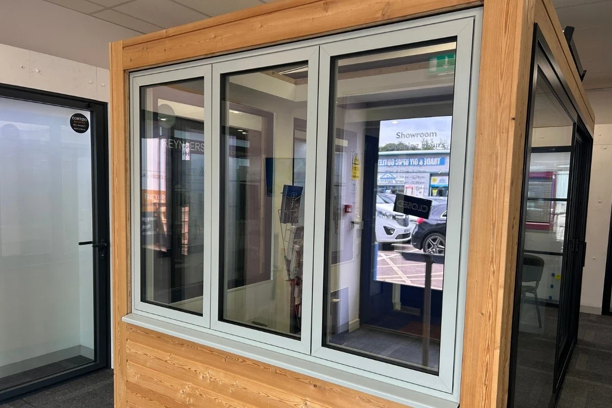 Flush aluminium window displayed in a showroom
