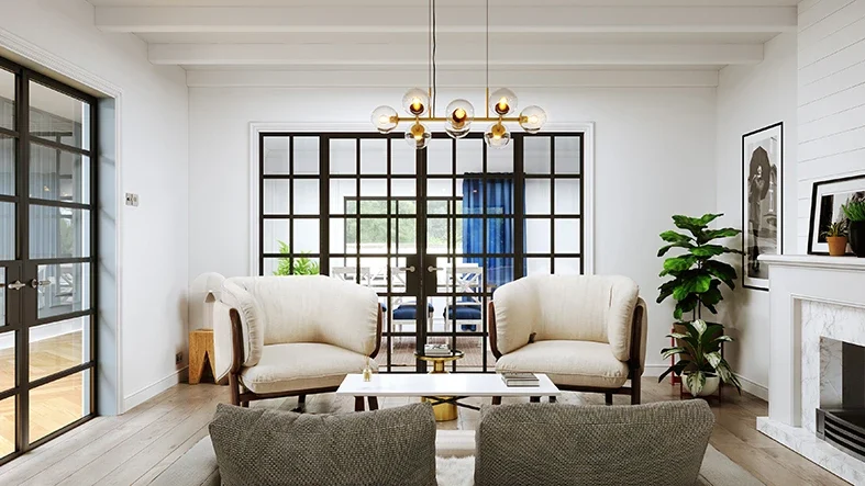 Glazed aluminium partition dividing a bright sitting room