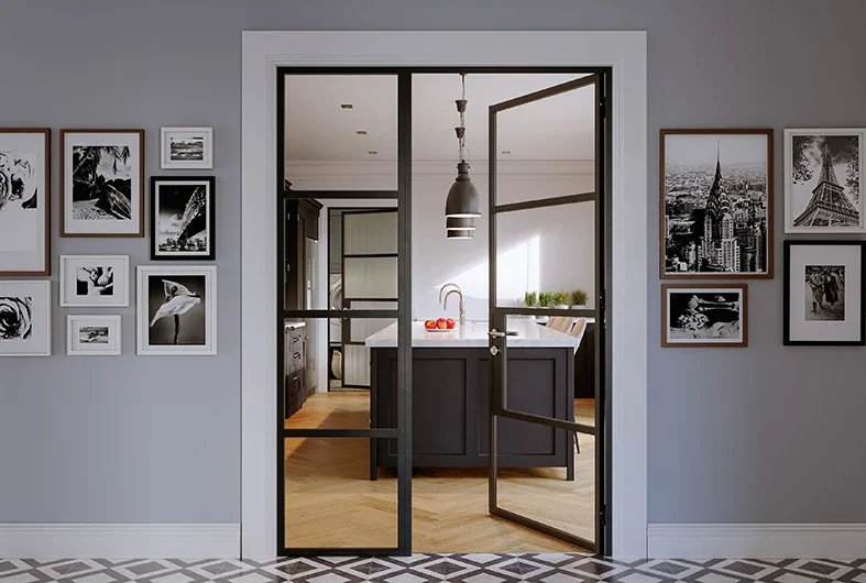 Open black internal glazed aluminium French doors