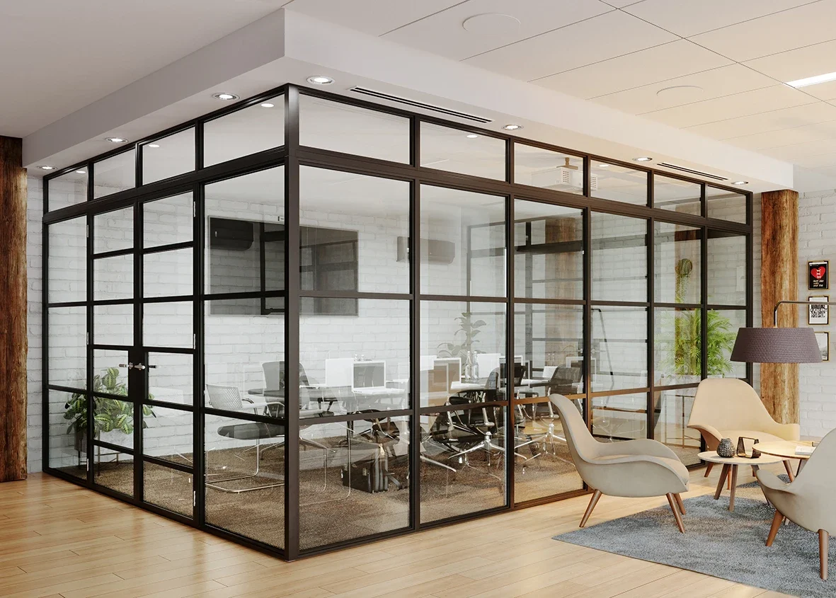 Black aluminium glazed office partition with double doors