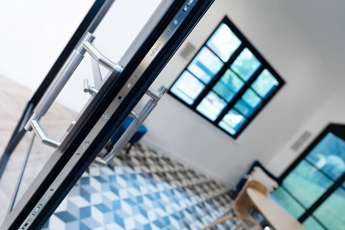 Slimline aluminium sliding door track and frame detail