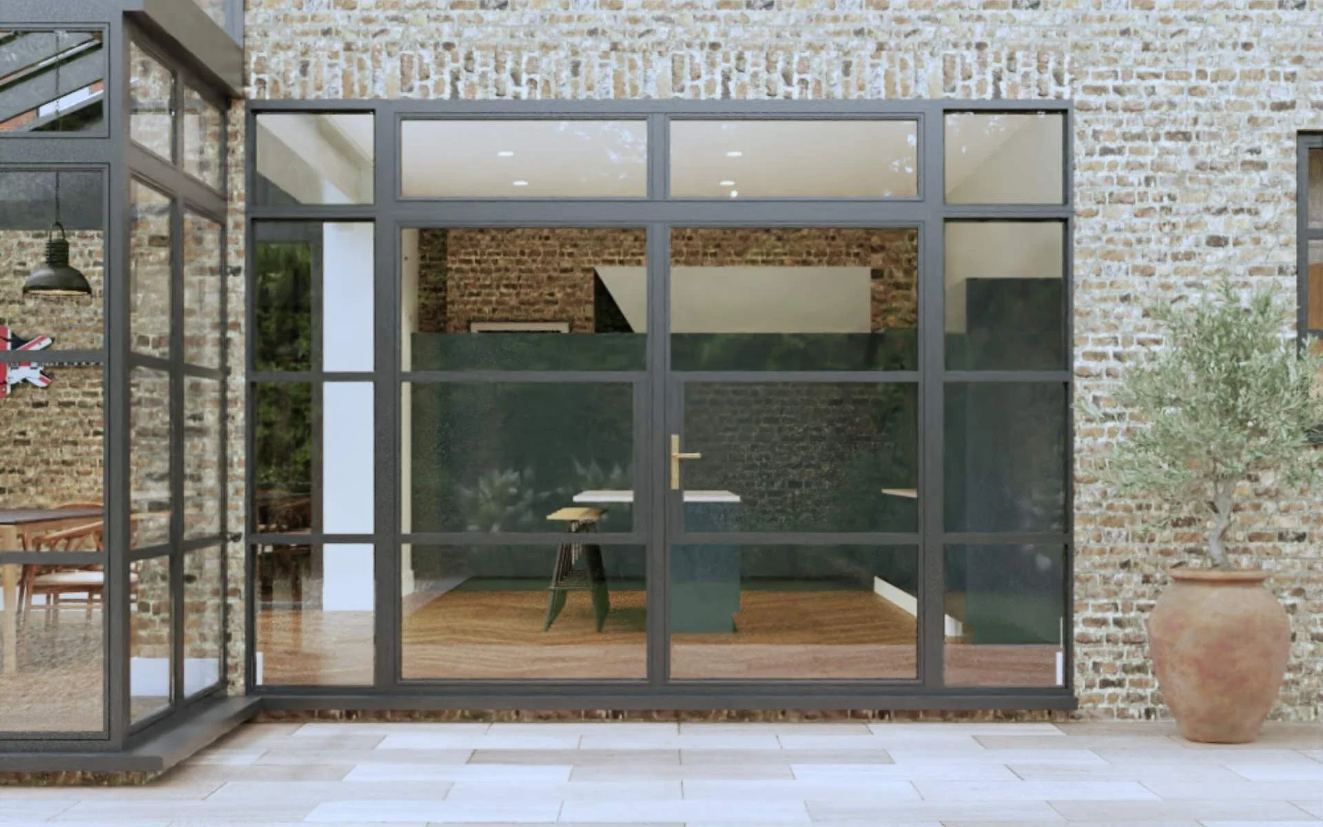 Black heritage French doors seen from outside a stone house