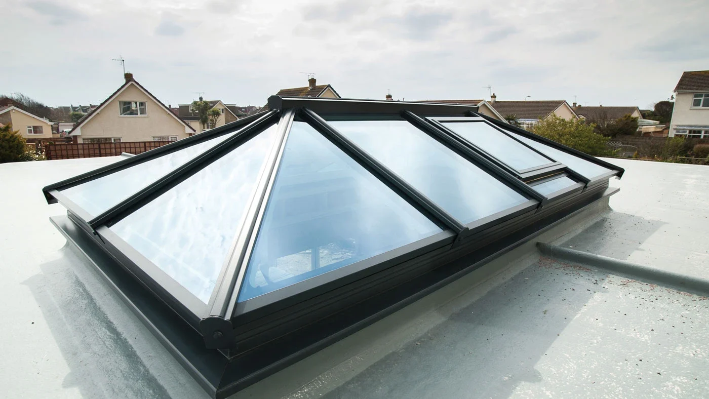 Pyramid aluminium roof lantern installed above a flat roof