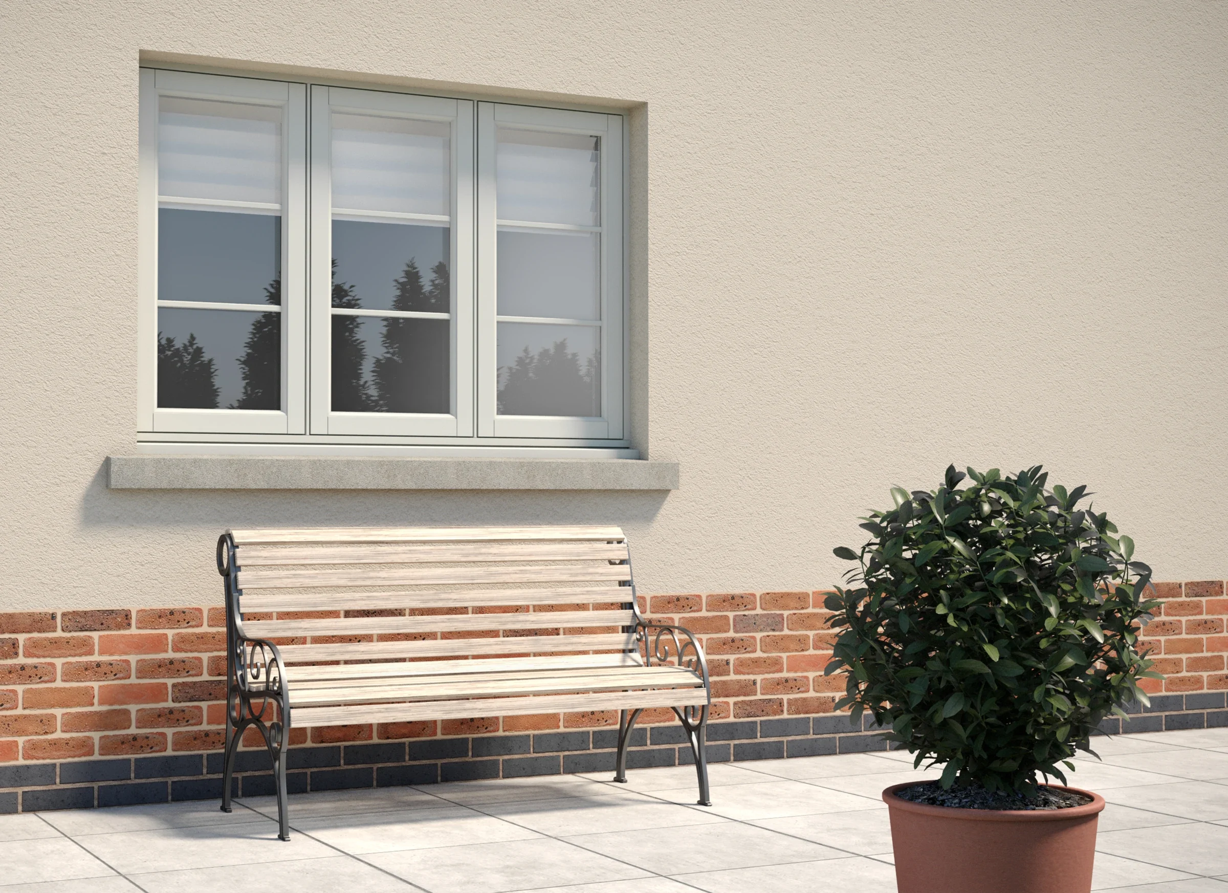 Grey flush uPVC casement window with Georgian bars above a garden bench