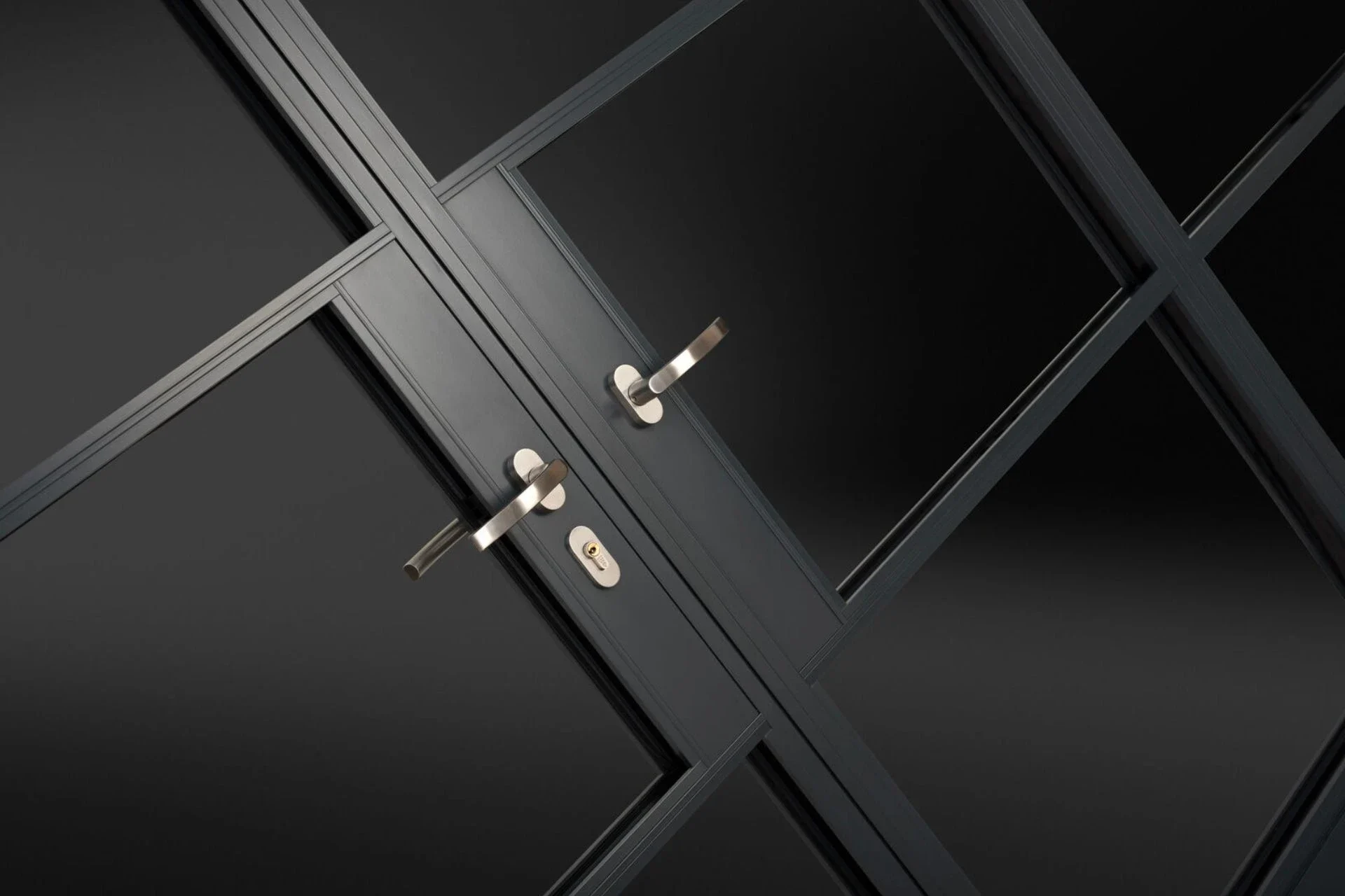 Close-up of black heritage bifold panels and brushed metal handles